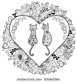 Illustration "Cats in love" was created in doodling style in black and white colors.  Painted image is isolated on white background. It  can be used for coloring books for adult and other decorations.