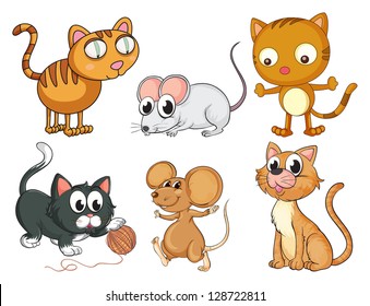 Illustration of cats and mice on a white background