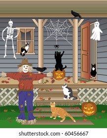 Illustration of cats playing with Halloween decorations and crows.