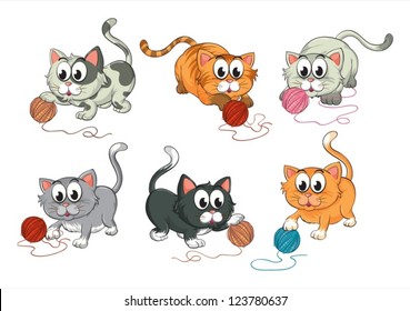 Illustration of cats playing with wool on a white background