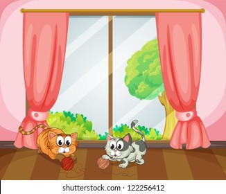 Illustration of cats playing with wool in a room