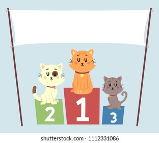 Illustration of Cats Sitting On Numbers One, Two and Three Platforms Under a Blank Banner