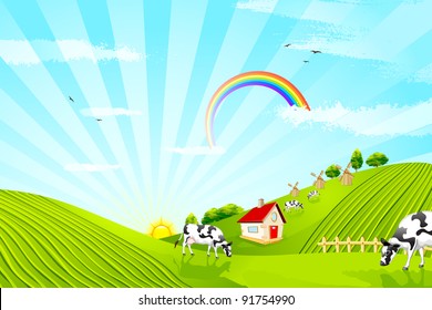 illustration of cattle grazing in beautiful farm landscape