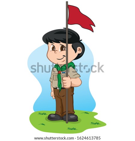 Illustration caucasian boy in scout uniform holding a flag. Ideal for institutional and educational materials