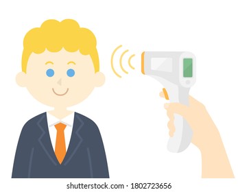 Illustration of a Caucasian businessman being measured by a thermometer.