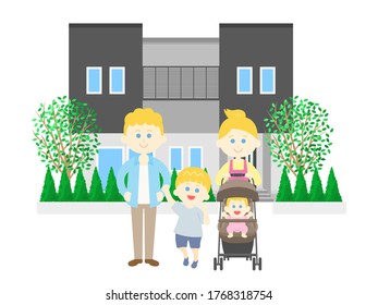 Illustration of Caucasian family and own home.