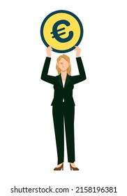 Illustration of a Caucasian female businessman holding a euro coin. 8 life, financial image, infographics