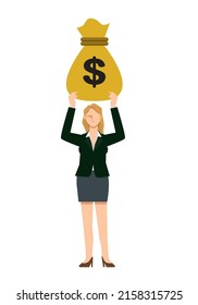 Illustration of a Caucasian female businessman holding a dollar gold bag. Financial image infographics. Eight heads tall