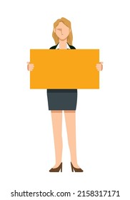 Illustration of a Caucasian female businessman holding a yellow panel board. eight heads tall
