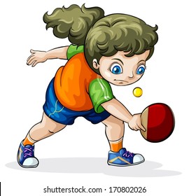 Illustration of a Caucasian girl playing table tennis on a white background