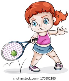 Illustration of a Caucasian girl playing tennis on a white background