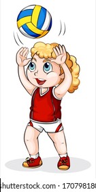 Illustration of a Caucasian girl playing volleyball on a white background