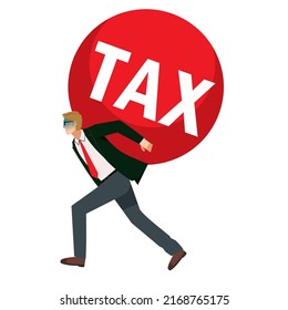 Illustration of a Caucasian male businessman carrying a heavy tax ball 8 heads tall  shackles, debt, heavy tax image