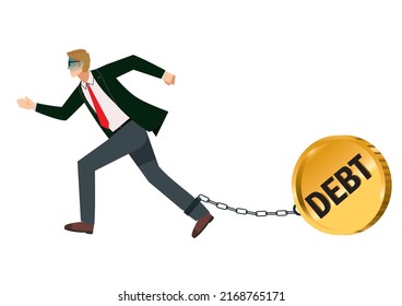 Illustration of a Caucasian male businessman connected to debt and chains 8 heads tall  shackles, debt, heavy tax image