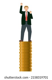 Illustration of a Caucasian male businessman riding on a gold coin. Infographics. Fist pump, eight heads tall