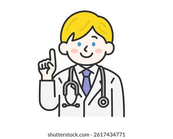 Illustration of a Caucasian male doctor (line drawing color) wearing a white coat and stethoscope making a proposal, vector,