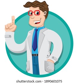 Illustration caucasian man in lab coat, doctor, professor or pharmacist with hand in pocket explaining. Ideal for institutional and training materials