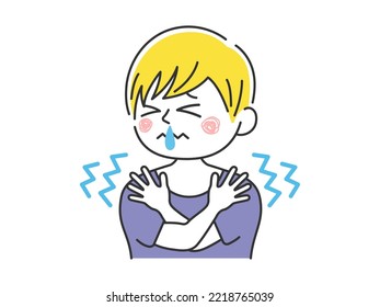 Illustration of a Caucasian man who is cold and shivering and has a runny nose.