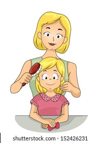 Illustration of a Caucasian Mom Brushing Her Daughter's Hair
