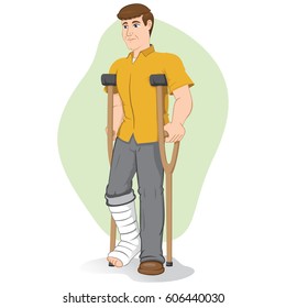 Illustration of an caucasian person, of crutches with injured leg, bandaged or plastered. Ideal for medical and institutional materials