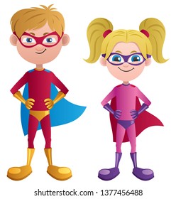 Illustration of caucasian super boy and super girl.