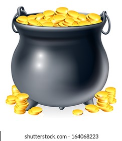 Illustration of cauldron or a black pot full of gold coins