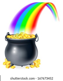 Illustration of cauldron or a black pot full of gold coins at the end of a rainbow. Pot of gold at the end of the rainbow concept 