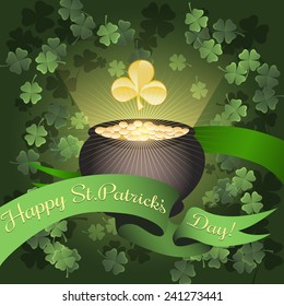 Illustration of cauldron full of golden coins and greeting Saint Patrick Day ribbon against flying shamrocks