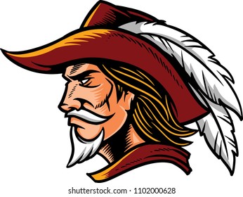 Illustration of a cavalier with a big hat and white mustache.