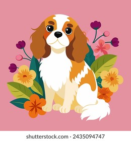 Illustration of Cavalier King Charles Spaniel dog with flowers 