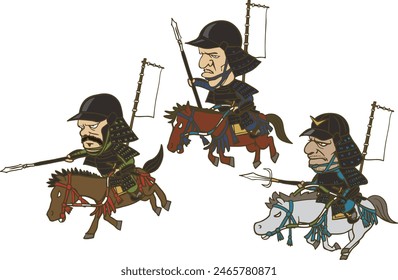 Ilustración de una unidad de caballería del periodo de los Estados Guerreros de Japón. Tres samuráis a caballo, blandiendo lanzas y cargando en batalla.