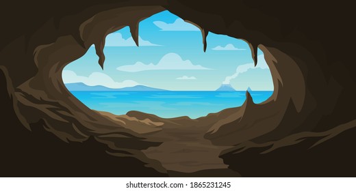 illustration of cave facing the sea with erupting mountains in the background