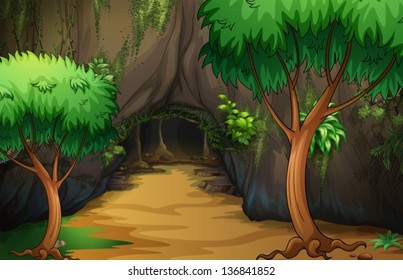 Illustration of a cave at the forest