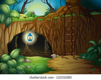 Illustration of a cave in the jungle with a lantern