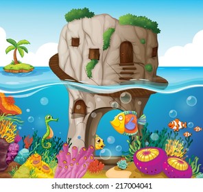 illustration of a cave and ocean view