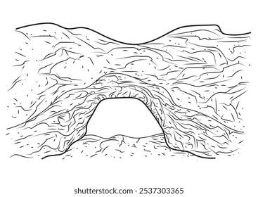 Ilustração de uma caverna em formato de contorno e vetor.