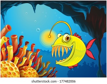 Illustration of a cave with a piranha