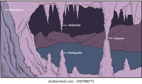 Illustration of cave that showing the most common mineral deposits  in natural caves, stalagmite and Stalactite- vector