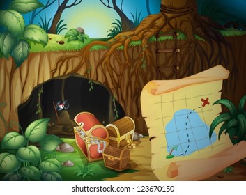 Illustration of a cave, a treasure chest and a map in a beautiful nature