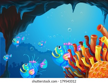 Illustration of a cave under the sea with a school of fish