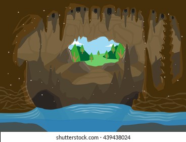 An illustration of a cave with underground river and bats hanging from ceiling. Editable Clip Art.