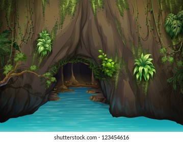 Illustration of a cave and water in a beautiful nature