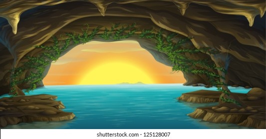 Illustration of a cave and a water in a beautiful nature