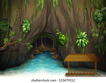 Illustration of a cave, a water and a wooden shade in a beautiful nature