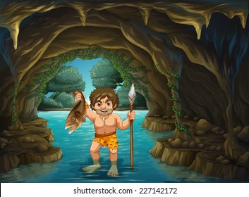 ilustración de un hombre de caverna capturando peces