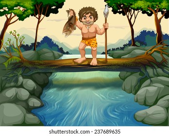 Illustration of a caveman catching fish in the river