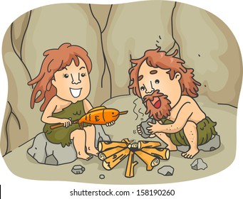 Illustration of a Caveman Couple Trying to Cook Their Food by Starting a Fire with Two Pieces of Stones  svg