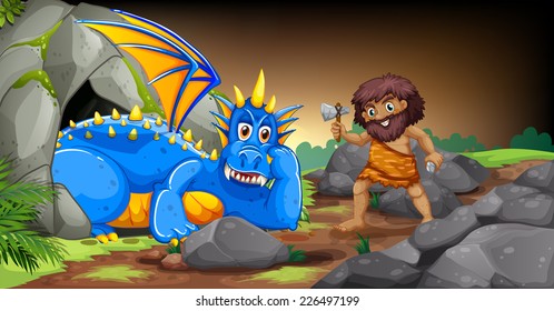illustration of a caveman and a dragon