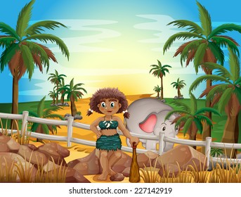 illustration of a caveman and an elephant