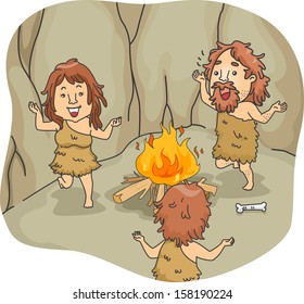 Illustration of a Caveman Family Dancing Around a Bonfire